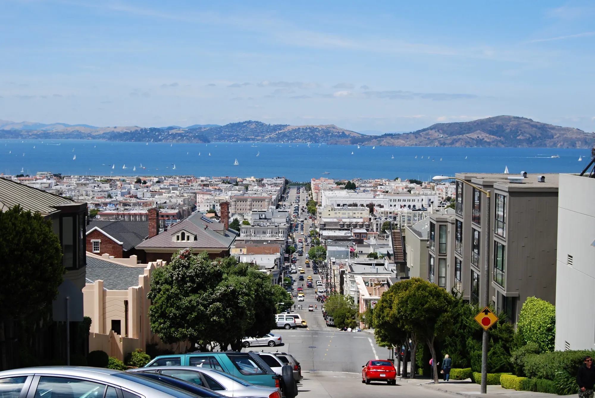 Fillmore Street descending from Pacific Heights toward the Marina and San Francisco Bay