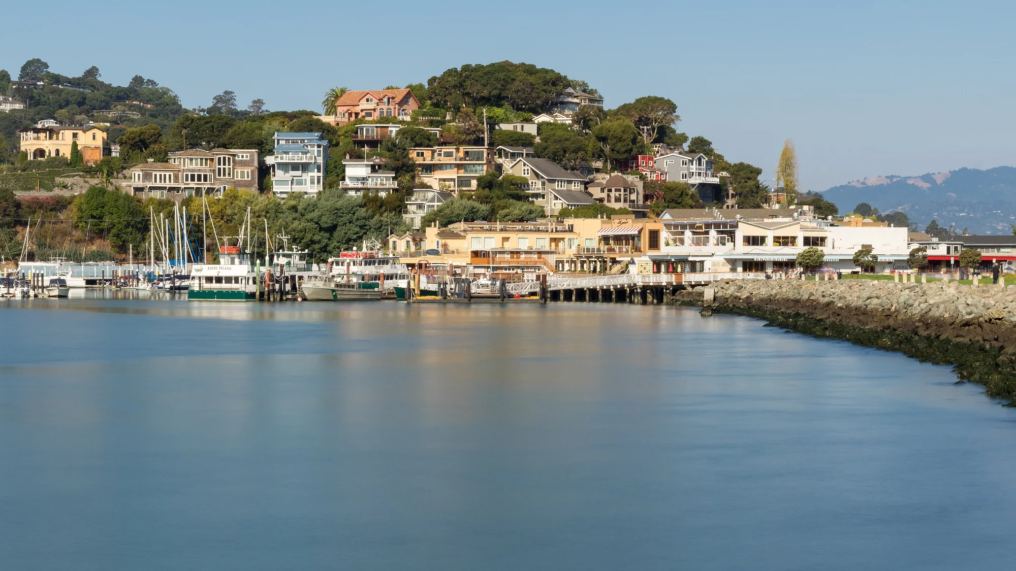 Tiburon marina, waterfront buildings, and hillside homes viewed across the bay