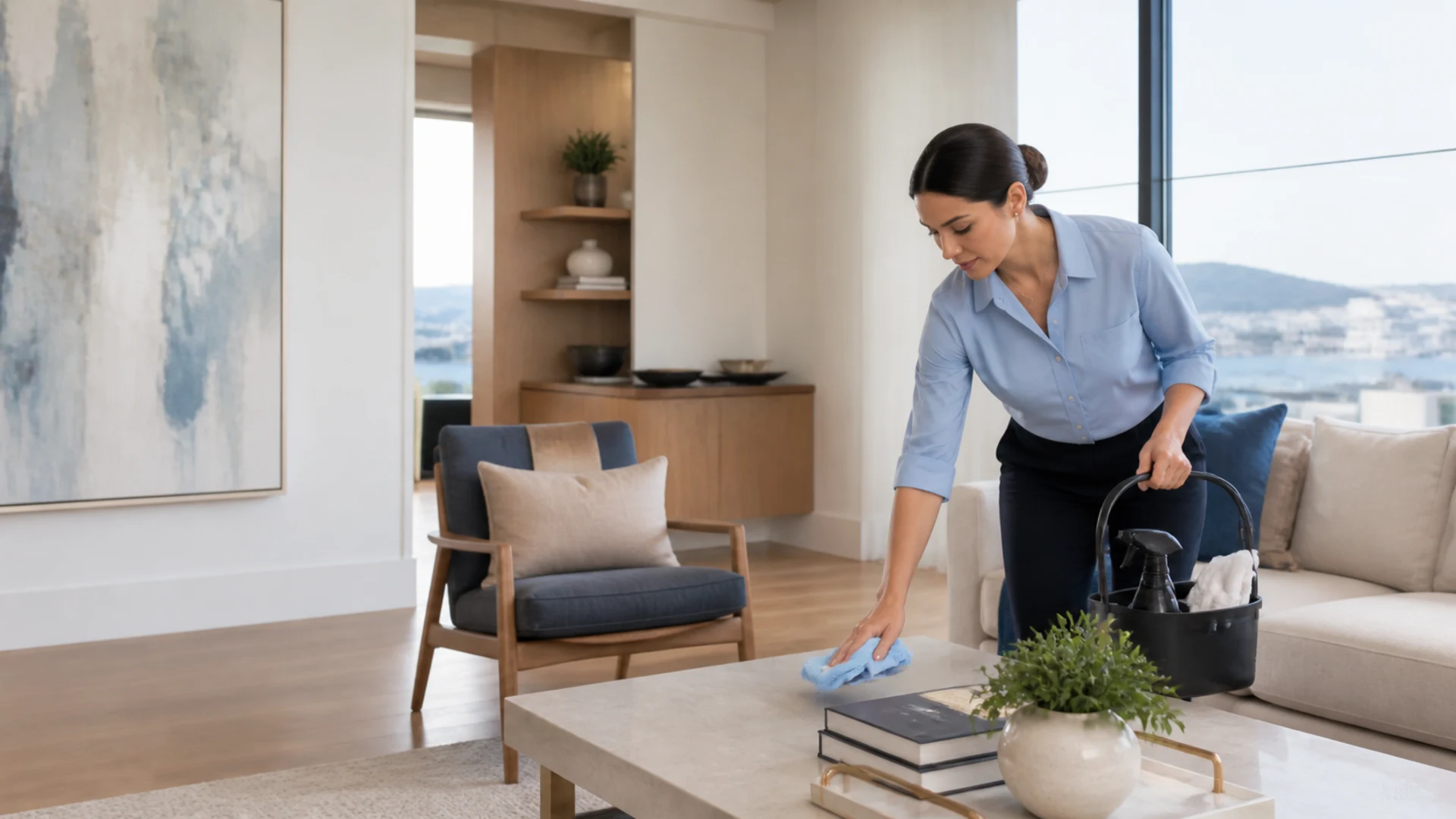 Cleaning professional carefully maintaining a refined living room