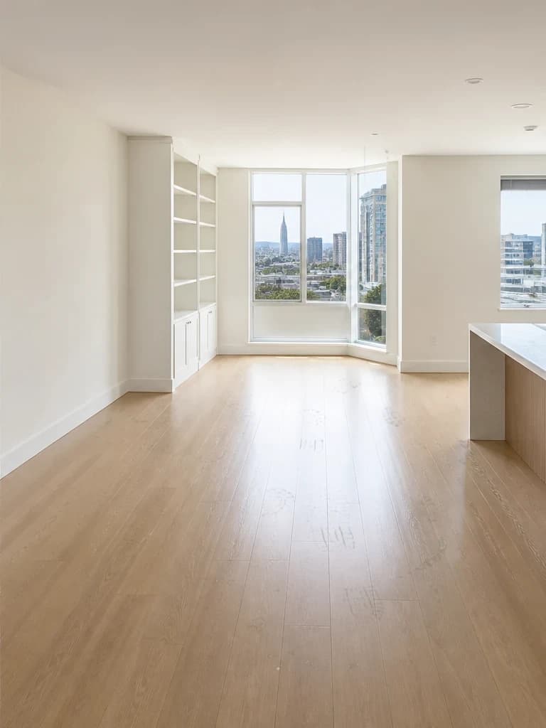 Illustrative before state of the same vacant apartment with boxes, packing material, and floor debris